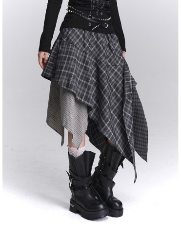 Jupe gothique noire patchwork à carreaux avec ourlet irrégulier et tai