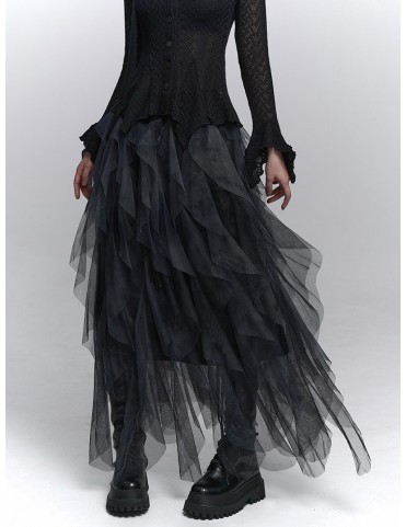 Jupe asymétrique noire en tulle gothique à volants et doublée