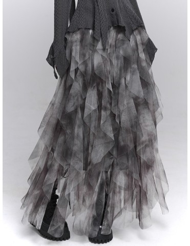 Jupe asymétrique en tulle gris gothique à volants et taille semi-élast
