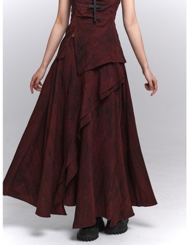 Jupe courte gothique rouge avec effet usé et volants asymétriques