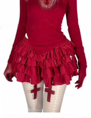 Mini-jupe gothique rouge à volants avec breloques et short intégré