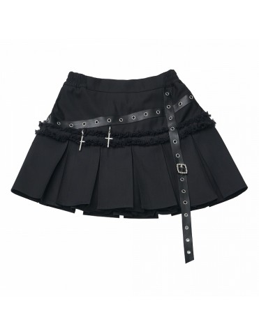 Jupe plissée noire gothique avec détails métalliques croisés