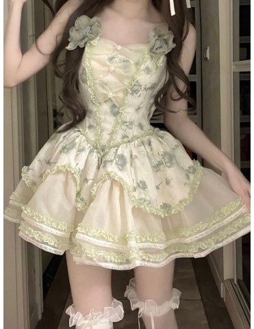Jupe Lolita Princesse à Imprimé Floral et Volants Superposés