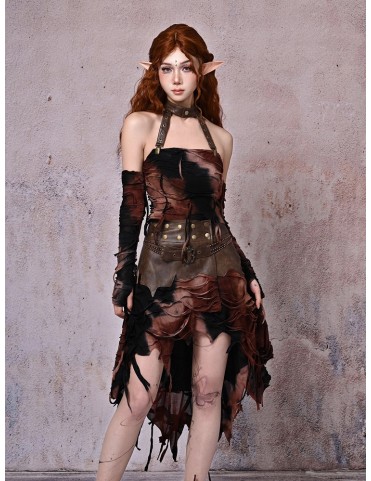 Jupe Wasteland Punk marron PU & Tie-Dye bordeaux et noir avec ourlet m