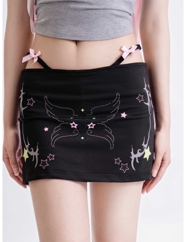 Jupe Bodycon Y2K Gyaru Noire avec Doublure Réfléchissante et Motifs Ét