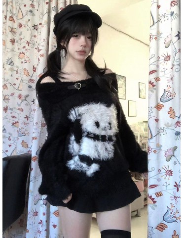 Adorable pull en peluche noir à épaules dénudées avec boucle en forme