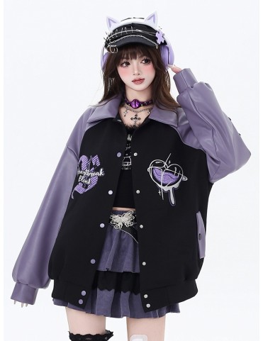 Veste de baseball en polyuréthane noir et violet avec boucles en forme
