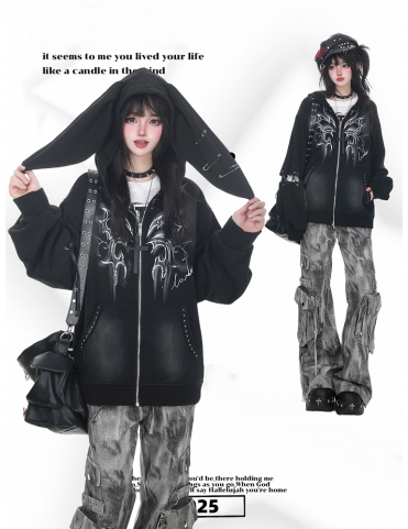 Sweat à capuche vintage punk avec oreilles de lapin et fermeture éclai