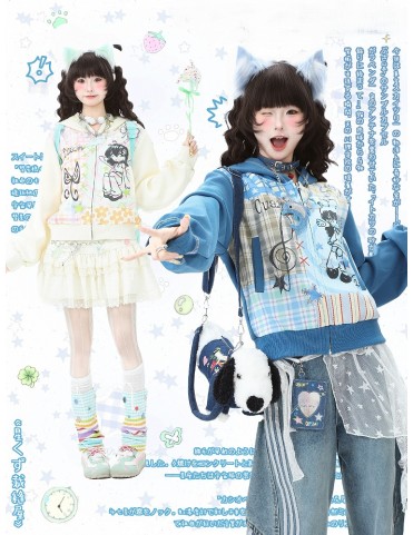 Sweat à capuche patchwork bleu/beige avec motif fille ailée