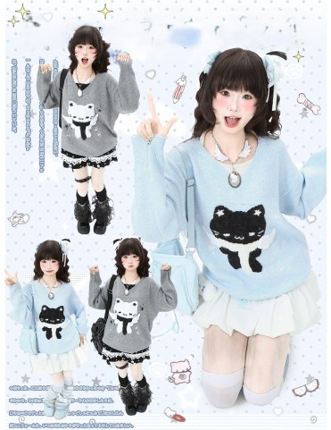 Pull à motif chat bleu/gris effet deux pièces