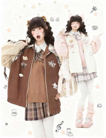 Veste bicolore marron/rose à col carreaux et motif brodé de chat