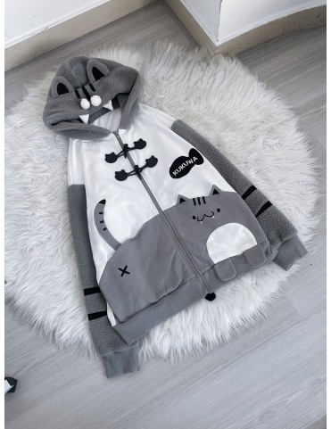 Manteau douillet 'Moe' en polaire blanche et grise - Capuche à oreille