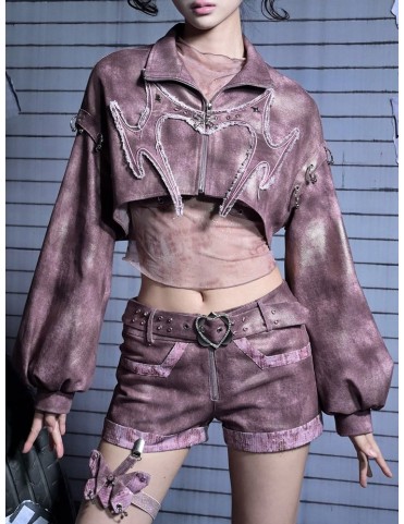 Veste en jean courte rose poudré Y2K, effet usé, avec application cœur