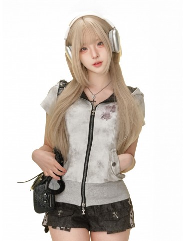 Sweat à capuche gris zippé, style Gothic Gyaru