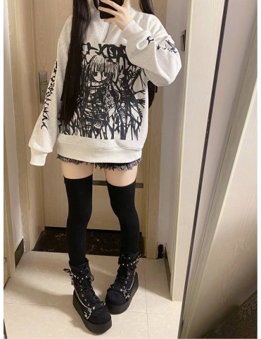 Sweat-shirt régulier/épais avec motif graphique de fille en noir contr