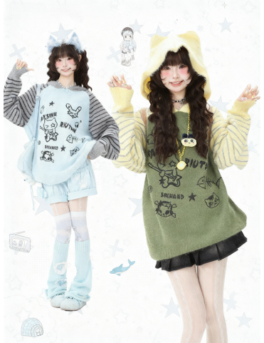 Sweat à capuche tricolore douillet avec motif chat