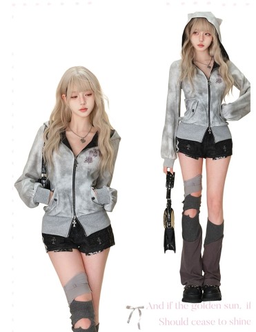 Sweat à capuche gris gothique Gyaru avec oreilles de chat