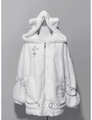 Veste en peluche blanche Jirai Kei avec capuche à oreilles de chat et