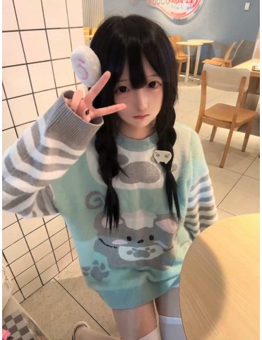 Pull Kawaii Chef Souris à Épaules Dégagées avec Fausse Fourrure et Man