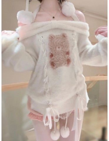 Pull en peluche ours blanc épaules dénudées avec laçage frontal