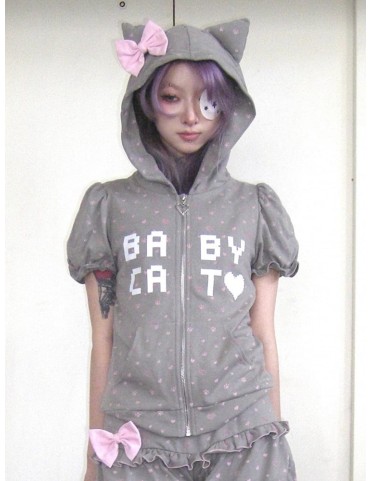 Sweat à capuche gris clair à manches bouffantes avec oreilles de chat,