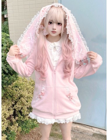Sweat à capuche rose pâle avec oreilles de lapin, dentelle et nœuds