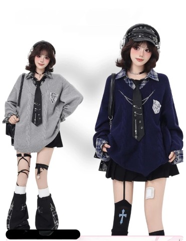 Pull ample à carreaux rétro marine et gris