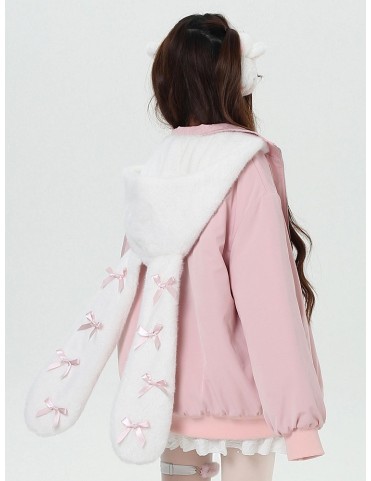Veste épaisse imprimée graffiti rose avec capuche oreilles de lapin am