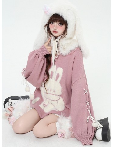 Pull ample rose à col en V avec motif lapin en peluche et détails lacé