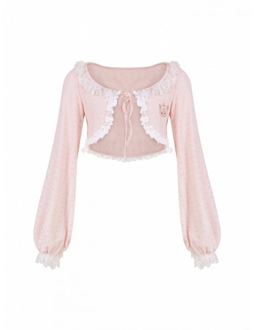 Cardigan rose à manches longues et dentelle avec broderie chat