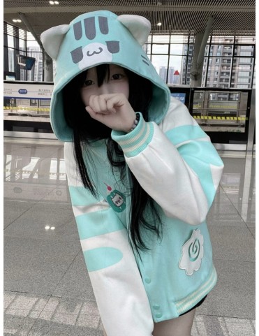 Veste de baseball vert menthe 'Soft Girl' avec capuche oreilles de cha