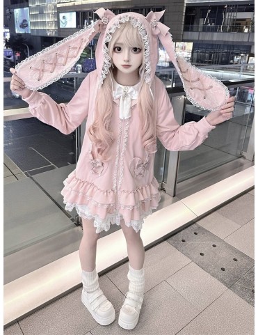 Robe-sweat à capuche rose pastel avec oreilles de lapin