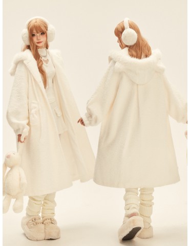 Manteau à capuche oreilles de chat mi-long avec poches à nœuds