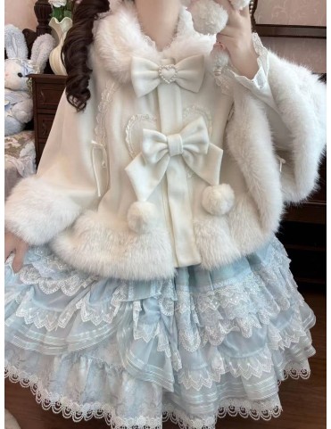 Cape Lolita Hiver Blanc avec Col Fourrure Chat et Nœuds