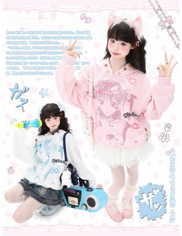 Sweat à capuche rose/blanc avec motif fille et lacets à dentelle