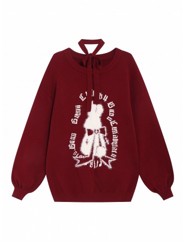 Pull bordeaux à manches évêque avec motif lapin orné d'un nœud et lani