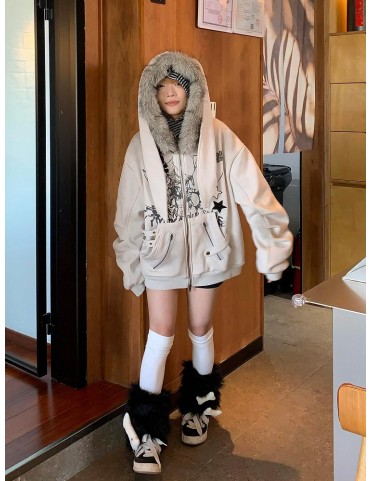 Veste à capuche Y2K Khaki avec oreilles de lapin