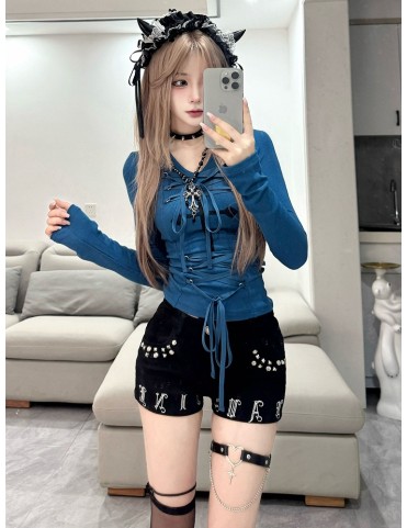 Haut long manche bleu Klein à lacets et détails