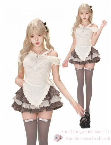 Haut tricoté beige à manches courtes - Dos asymétrique