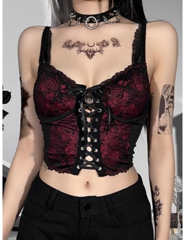 Débardeur gothique noir Halloween avec empiècement rouge brodé et laça