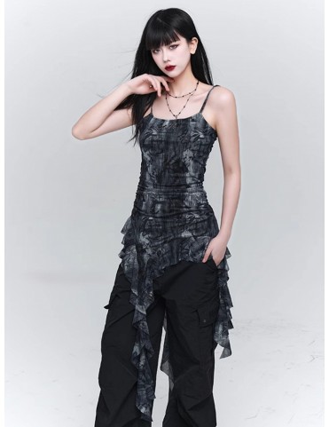 Haut caraco glamour noir et gris à ourlet asymétrique et taille froncé