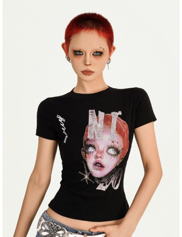 T-shirt noir slim fit avec motif de jeune fille punk rousse