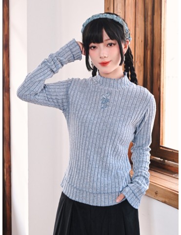 Haut Cheongsam ajusté bleu avec broderies d'Oriole et Camélia et ourle