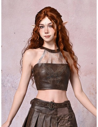 Haut noir foncé style punk avec encolure halter