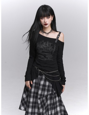 Haut asymétrique noir gothique avec imprimé graffiti et sangle PU régl