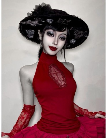Haut bustier gothique rouge avec découpe en forme de cercueil et brode
