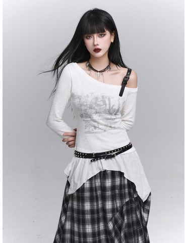 Haut asymétrique graffiti blanc style gothique avec sangle ajustable e