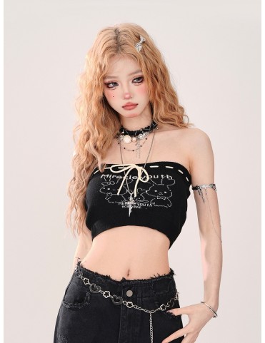 Crop Top Tubulaire Noir Gyaru : Nœud Papillon et Motif Lapin