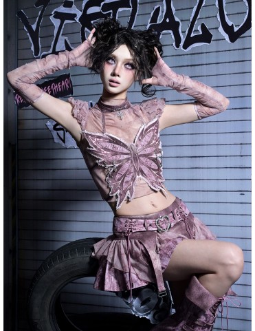 Corset en jean pastel punk Y2K avec broderie dégradée et choker à stra