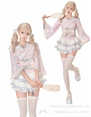 Haut kimono à carreaux rose et motif chaton en dentelle